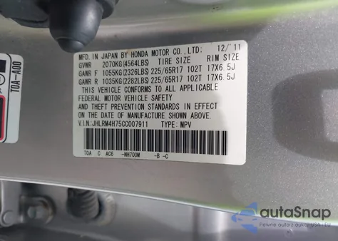 2012 Honda Cr-V Ex-L z USA, uszkodzony, nr VIN JHLRM4H75CC007911